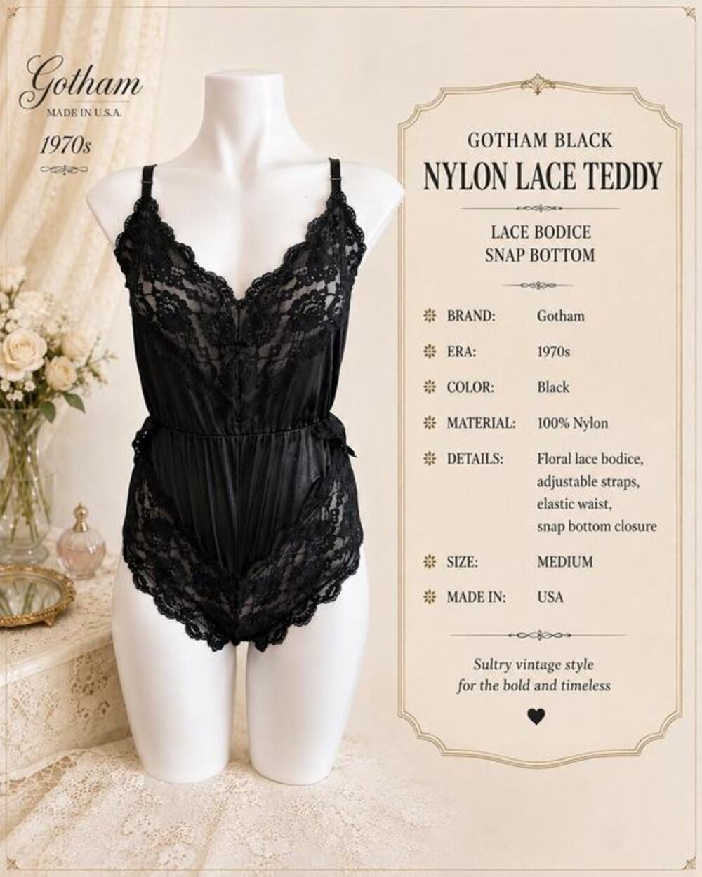 Gotham Black Nylon Lace Teddy Bodysuit Snap Bottom 1970s XS Small